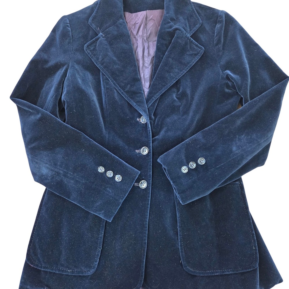 Vintage Velvet Double Breasted Blazer Peak Lapel‎ Dark Academia Navy Blue